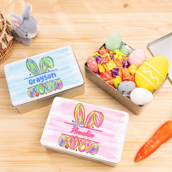 Personalizzato colorato coniglietto di Pasqua metallo biscotto scatola di immagazzinaggio con nome festa di Pasqua favore regalo per i bambini