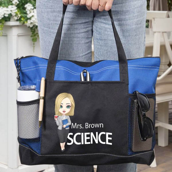 Personalized Teacher Cartoon Character Name Large Tote Bag with Mesh Pocket Back to School Appreciation Gift for Teacher
