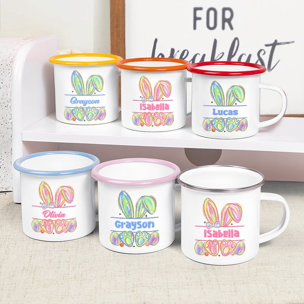 Personalized Watercolor Faux Glitter Bunny Design 12oz Enamel Mug with Name Easter Birthday Gift for Boys Girls