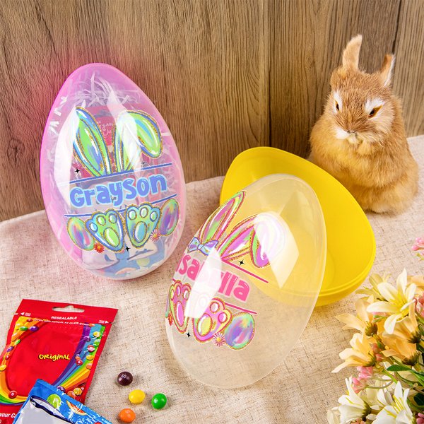 Personalised Faux Glitter Colourful Bunny Design Fillable Jumbo Easter Egg with Name Holiday Basket Stuffers Easter Birthday Party Favors Gift for Kids