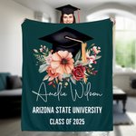 Personalized Watercolor Floral Grad Cap Graduates' Back Soft Throw Blanket with Name and Year School Celebration Home Decor Gift for Graduates