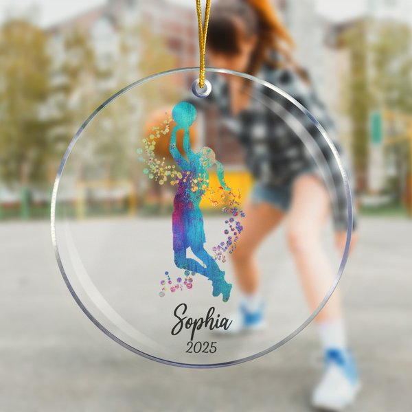 Ornamento acrílico personalizado en acuarela con silueta de jugador de baloncesto con nombre y año Decoración del árbol de Navidad Regalo deportivo para los amantes del baloncesto