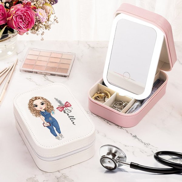 Personalizzato fiocco stetoscopio nascita fiore in pelle PU portagioie con specchio trucco LED infermiera settimana Grazie regalo di compleanno per il personale medico
