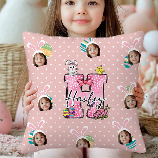 Personalized Colourful Polka Dot Cute Easter Bunny 1-3 Photos Soft Throw Pillow Cover with Name Home Decor Easter Party Gift for Boys Girls