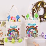 Personalisierte Frohe Ostern Regenbogen Ostereier Cartoon-Charakter Leinwand Korb mit Namen Party Gunst Ostern Geschenk für Jungen Mädchen