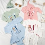 Personalized Hello World Cute Bear 100% Cotton Long-sleeve Baby Bodysuit Hat Set with Name Baby Shower Baptism Gift for Newborns