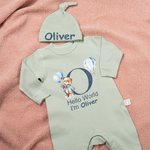 Personalized Hello World Cute Bear 100% Cotton Long-sleeve Baby Bodysuit Hat Set with Name Baby Shower Baptism Gift for Newborns