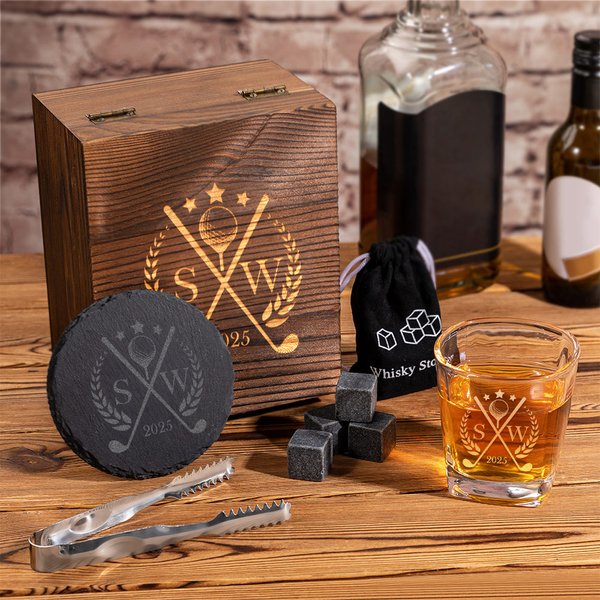 Personalisiertes Retro Whiskeyglas und -steine Holzkiste Set mit Golf Initiale Namen Auswählbarer Schiefer Untersetzer Geburtstag Geschenk für Herren