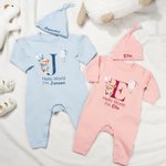 Personalized Hello World Cute Bear 100% Cotton Long-sleeve Baby Bodysuit Hat Set with Name Baby Shower Baptism Gift for Newborns