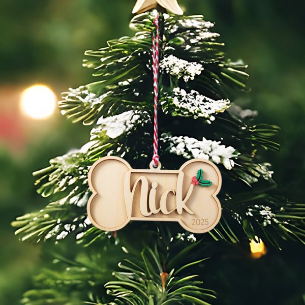 Personalizzato con osso di cane di agrifoglio in legno ornamento calza con testo e anno albero di Natale decorazione regalo di compleanno per gli amanti degli animali domestici