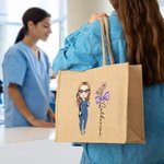 Personalised Bow Stethoscope Birth Flower Cartoon Woman Jute Tote Bag with Name Birthday Nurse Week Appreciation Gift for Nurse Doctor Medical Staff