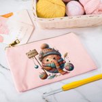 Personalized Cartoon Crochet Pattern Canvas Makeup Bag with Name and Zipper Crochet Accessory Birthday Gift for Knitting Lovers