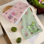 Personalized Colorful Polka Dot Bunny Ears 1-3 Face Photos Quick Dry Waffle Tea Towel with Initial and Name Easter Dining Decor Gift for Kids Family