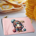 Personalized Cartoon Crochet Pattern Canvas Makeup Bag with Name and Zipper Crochet Accessory Birthday Gift for Knitting Lovers