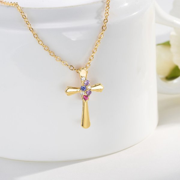 Personalized Dainty Zircon Cross Necklace with 1-4 Birthstones Religious Jewellery Birthday Baptism Mother's Day Gift for Women Christian