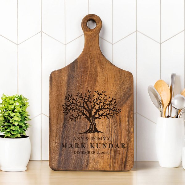 Personalised Engraved Tree of Life Reversible Charcuterie Chopping Board with Grip and Text Housewarming Wedding Gift for Family