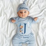 Personalized Hello World Cute Bear 100% Cotton Long-sleeve Baby Bodysuit Hat Set with Name Baby Shower Baptism Gift for Newborns