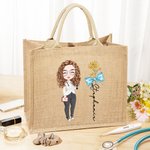 Personalised Bow Stethoscope Birth Flower Cartoon Woman Jute Tote Bag with Name Birthday Nurse Week Appreciation Gift for Nurse Doctor Medical Staff