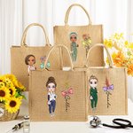 Personalised Bow Stethoscope Birth Flower Cartoon Woman Jute Tote Bag with Name Birthday Nurse Week Appreciation Gift for Nurse Doctor Medical Staff
