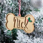 Personalizzato con osso di cane di agrifoglio in legno ornamento calza con testo e anno albero di Natale decorazione regalo di compleanno per gli amanti degli animali domestici
