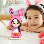 Personalised Cartoon Bunny Costume Character Wooden Easter Egg Holder Ornament with Name Table Decor Birthday Party Favors Gift for Kids