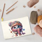 Personalized Cartoon Crochet Pattern Canvas Makeup Bag with Name and Zipper Crochet Accessory Birthday Gift for Knitting Lovers