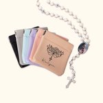 Personalisierte Geburt Blume Kreuz Leder Squeeze Pouch Rosenkranz Beutel Aufbewahrungstasche mit Namen Kommunion Taufe Geschenk für Christen