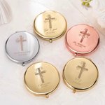 Personalized Cross Birth Flower Bouquet Compact Makeup Mirror with Engraved Text Set of 2 Birthday Wedding Christmas Gift for Christian Women