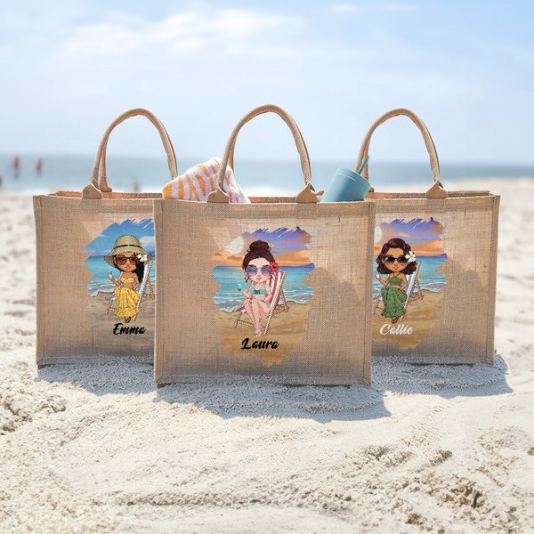 Gepersonaliseerde Zomerse Mode Jute Shopper met Cartoonfiguur en Naam Draagtas Strandfeest Bedankje of Verjaardagscadeau voor Vrouwen