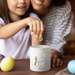 Tirelire personnalisée en céramique avec nom et initiale florale de Peter Rabbit Cadeau d'anniversaire de Pâques pour garçons filles