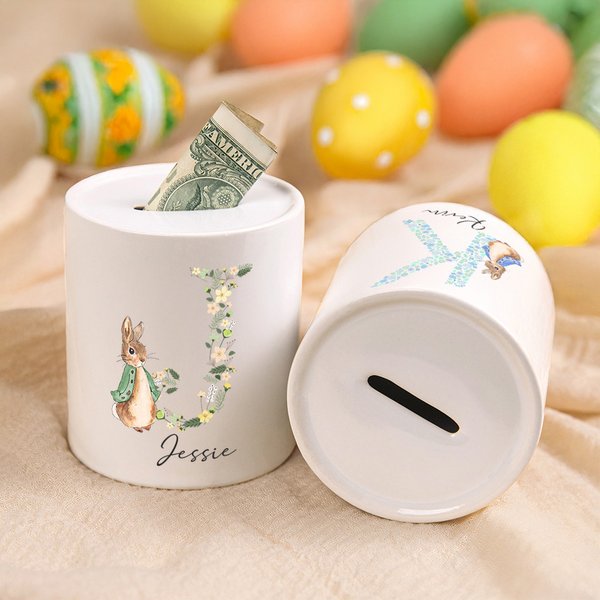 Tirelire personnalisée en céramique avec nom et initiale florale de Peter Rabbit Cadeau d'anniversaire de Pâques pour garçons filles