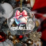 Personalized Disco Coquette Bow Basketball Baseball Softball Acrylic Ornament with Name Year Christmas Tree Decor Gift for Girls Sports Lover