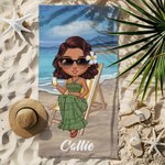 Personalisiertes Himmelblau Sonnenuntergang Cartoon Strandfigur Strandtuch mit Namen Sommer Urlaub Zubehör Geburtstag Geschenk für Familie Freunde