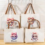 Personalised Cartoon Knitted Design Name Tote Bag with Leather Handle Travel Accessories Birthday Gift for Sewing Crocheting Lovers