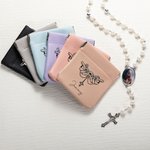 Personalisierte Geburt Blume Kreuz Leder Squeeze Pouch Rosenkranz Beutel Aufbewahrungstasche mit Namen Kommunion Taufe Geschenk für Christen