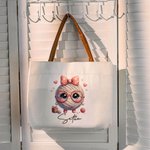 Personalised Cartoon Knitted Design Name Tote Bag with Leather Handle Travel Accessories Birthday Gift for Sewing Crocheting Lovers
