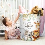 Personalised Cute Jungle Animals Large Capacity Initial Name Waterproof Laundry Storage Basket with Handle Birthday Gift for Boys Girls