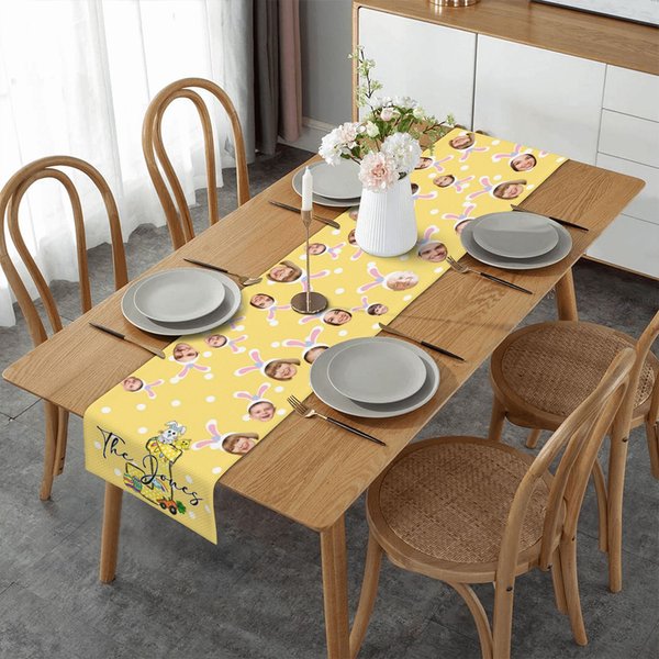 Personliga Polka Dot Bunny-öron 2-7 Ansiktsfoton Bordslöpare med initialer Påsk Dining Decor Present till barnfamilj