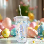 Personlig søt kanin med blomsterinitialer 16 oz navn akrylglass med sugerør og lokk Happy Easter Party Bursdagsgave til gutter jenter