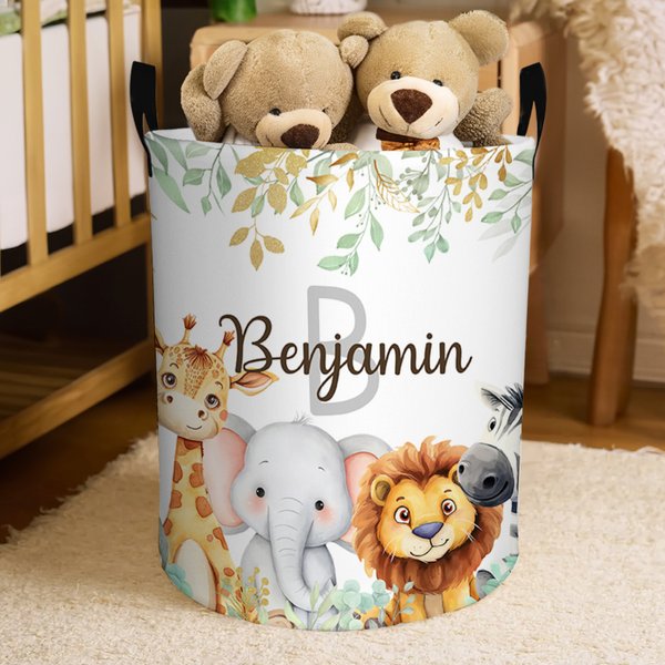 Personalized Cute Jungle Animals Large Capacity Initial Name Waterproof Laundry Storage Basket with Handle Birthday Gift for Boys Girls
