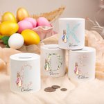 Tirelire personnalisée en céramique avec nom et initiale florale de Peter Rabbit Cadeau d'anniversaire de Pâques pour garçons filles
