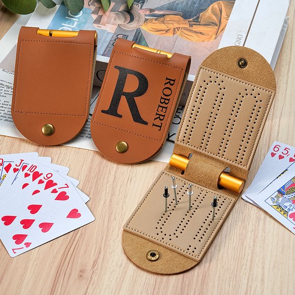 Personalized Minimalism Initial Name Portable Leather Cribbage Board Game Set with 4 Pegs Travel Camping Accessory Birthday Gift for Family