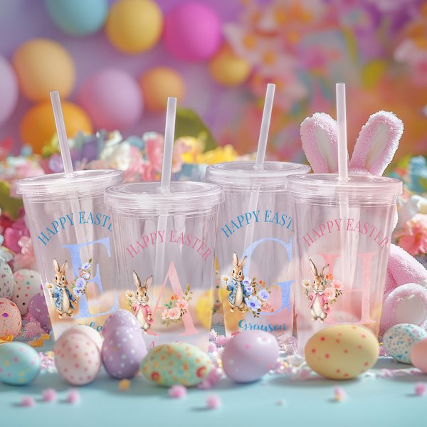 Personlig søt kanin med blomsterinitialer 16 oz navn akrylglass med sugerør og lokk Happy Easter Party Bursdagsgave til gutter jenter