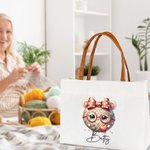 Personalised Cartoon Knitted Design Name Tote Bag with Leather Handle Travel Accessories Birthday Gift for Sewing Crocheting Lovers