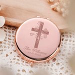 Personalized Cross Birth Flower Bouquet Compact Makeup Mirror with Engraved Text Set of 2 Birthday Wedding Christmas Gift for Christian Women
