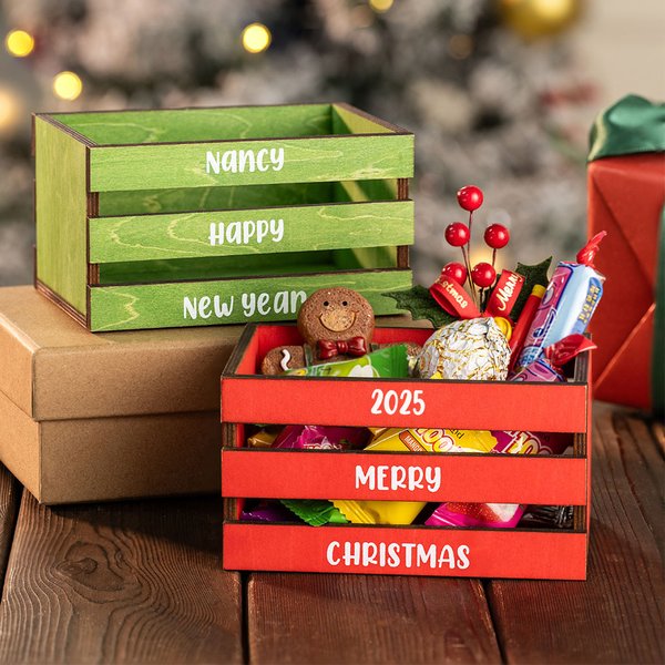 Boite à Bonbons en Bois Rouge Vert Personnalisée avec Texte Décoration de Table Cadeau d'Anniversaire Noël Famille Enfants