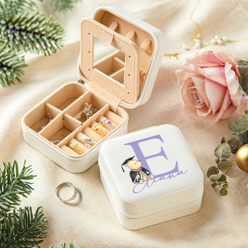 Personalized Classic Winnie the Pooh Initial Leather Travel Jewelry Box with Name Birthday Congratulation Graduation Gift for Women