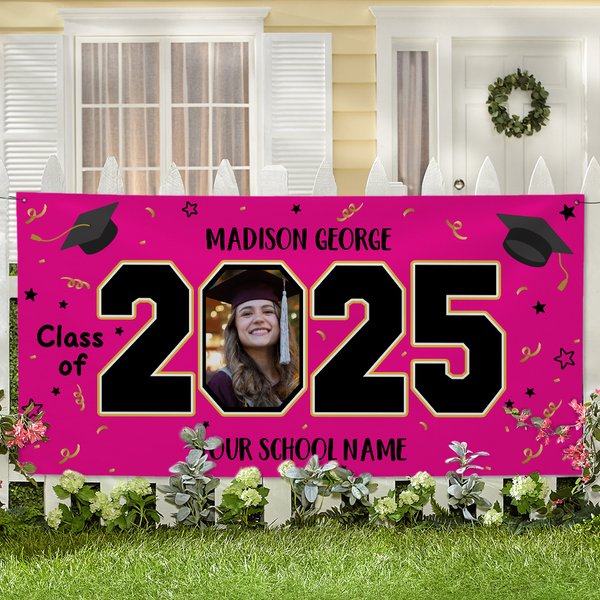 Gepersonaliseerde Congrats Grad Cap Multicolor Klas van 2025 Banner met Foto en Naam Feest Decor Afstudeer Cadeau voor Afgestudeerden Vrienden