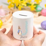 Tirelire personnalisée en céramique avec nom et initiale florale de Peter Rabbit Cadeau d'anniversaire de Pâques pour garçons filles