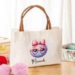 Personalised Cartoon Knitted Design Name Tote Bag with Leather Handle Travel Accessories Birthday Gift for Sewing Crocheting Lovers